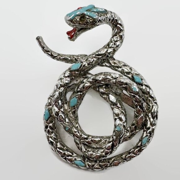Snake Brooch, Enameled, Silver Tone, Blue, Vintage, 1 3/4" Long, Serpent - Picture 3 of 4